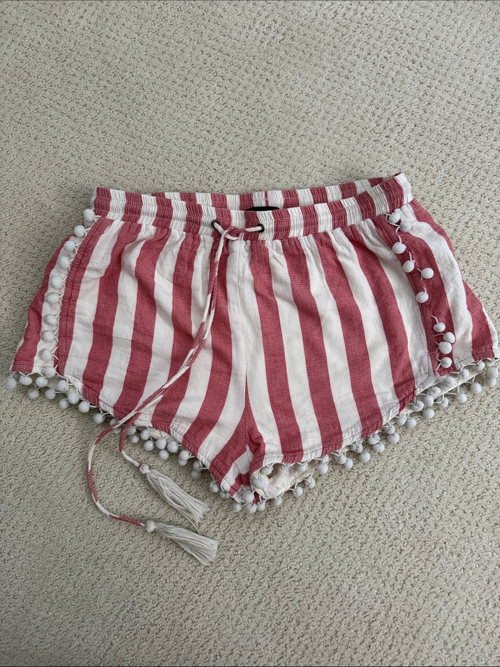 Aqua Striped Red and White Pom Pom Women’s Shorts